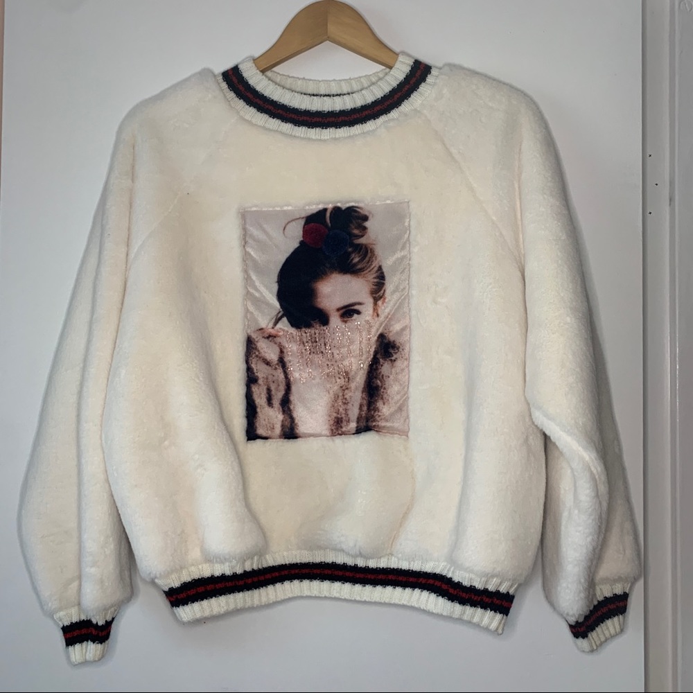 Fuzzy pompom beaded sweater